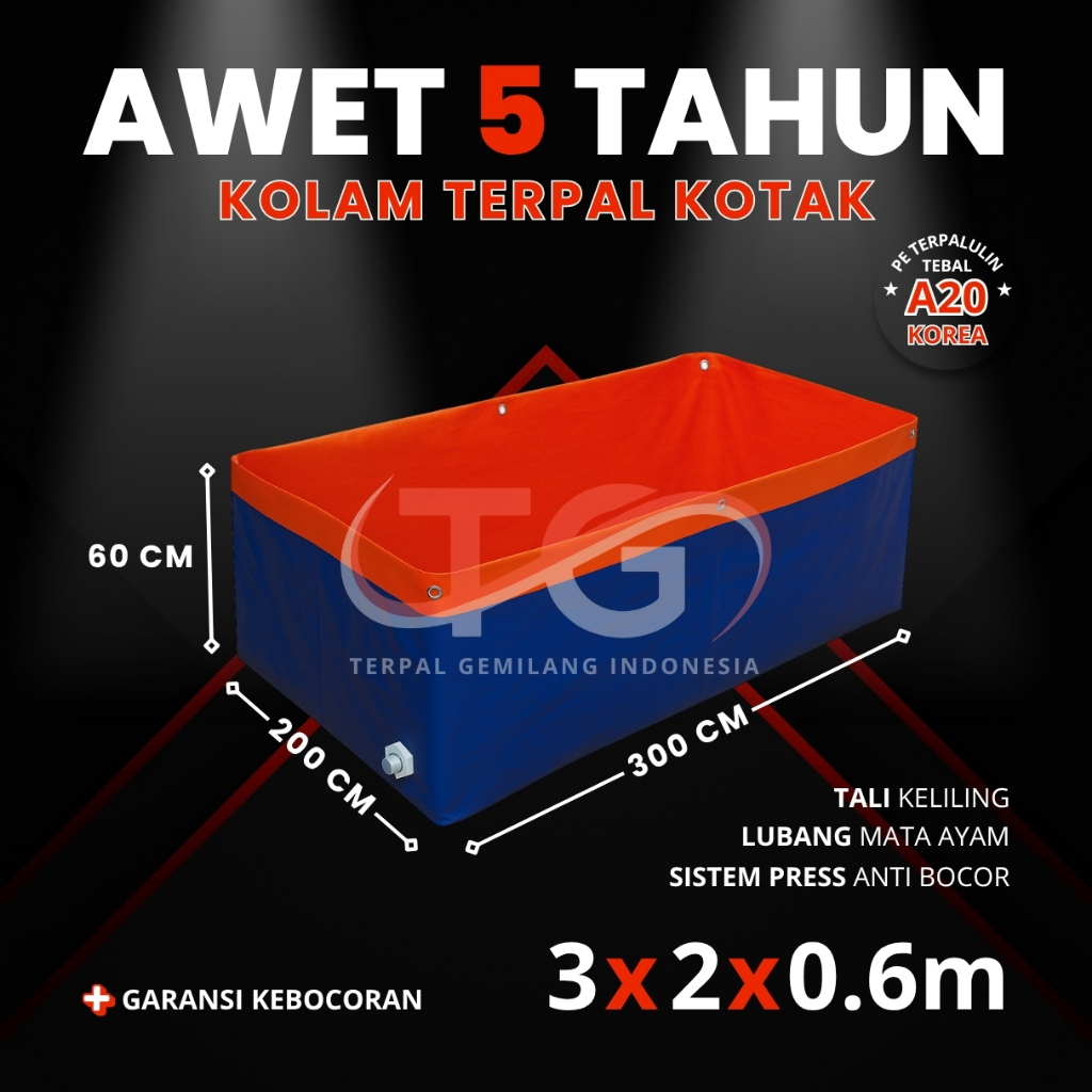 3x2x0.6 Terpal Kolam Terpal Ikan Kotak 300x200x60 - Untuk Budidaya Ikan Lele Nila Anti Bocor
