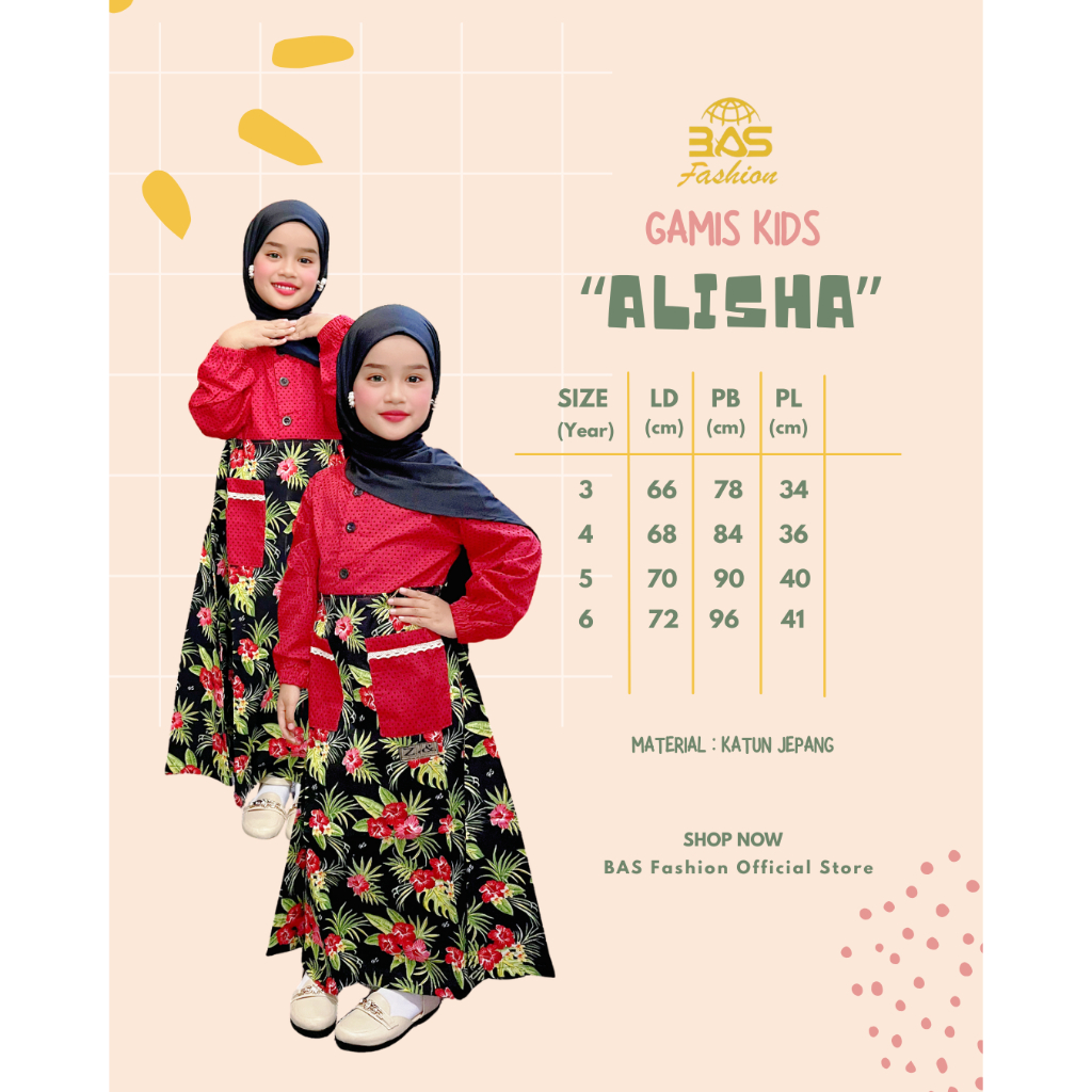 BAS Fashion - ALISHA Kids | Gamis Motif Polkadot Mix Bunga | Baju Muslim Anak | Gamis Katun Anak | G