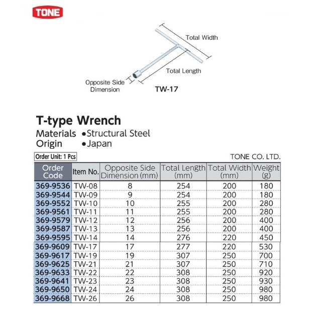 TONE T-type Wrench Size 24mm Total Length 308mm Width 250mm TW-24