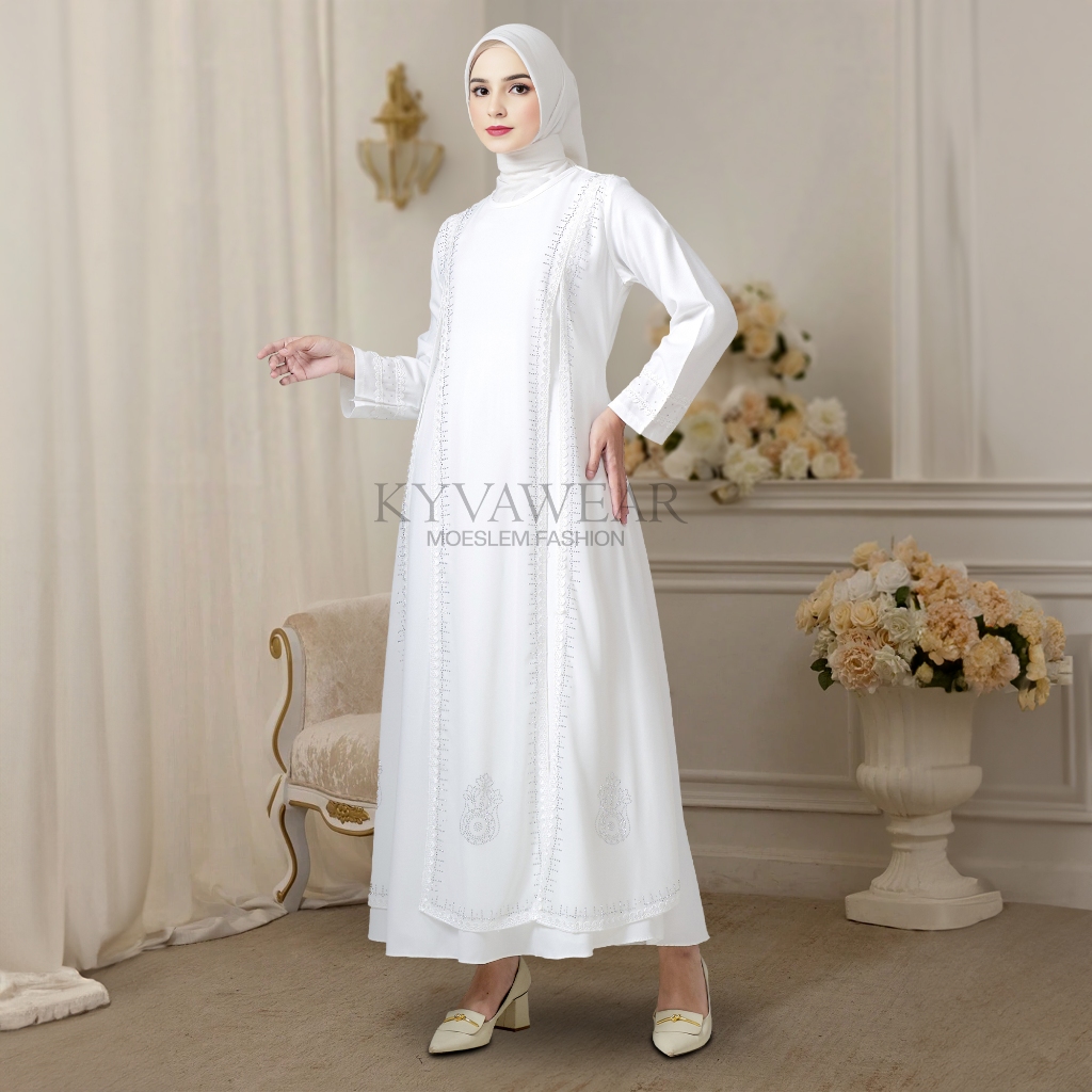 KYVA GAMIS MUSLIM WANITA ABAYA PUTIH TURKEY TERBARU VB044 PESTA REMAJA MEWAH