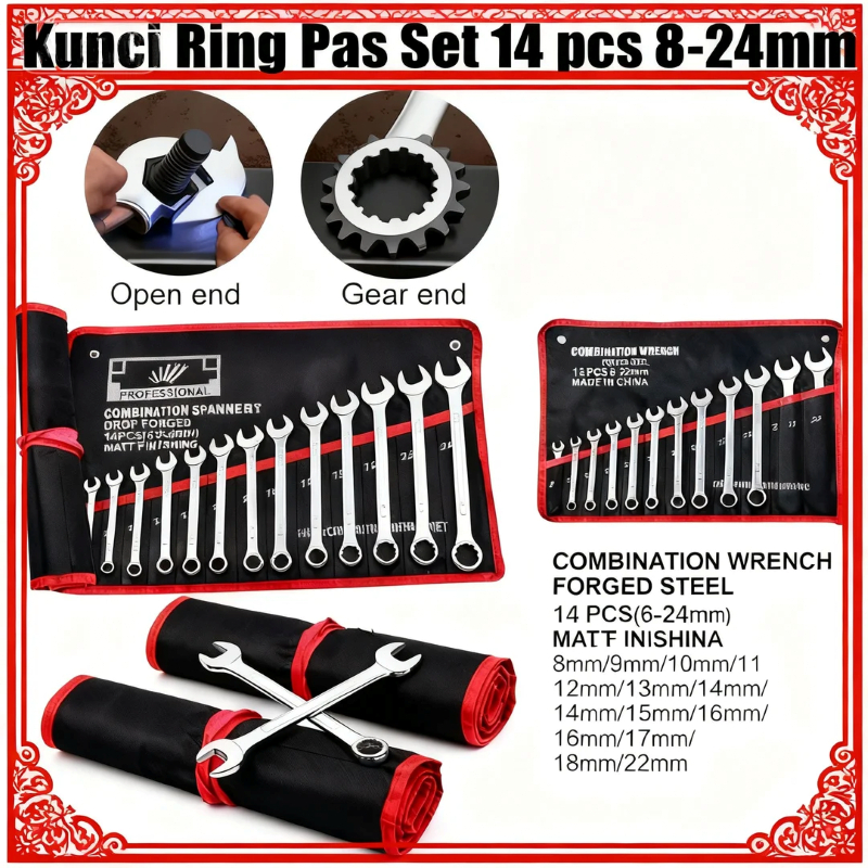 Set Kunci Ring Pas 14 Pcs Chrome Vanadium Tahan Karat/Kunci Ring Pas/Kekerasan Tinggi/Kunci Pas Baja