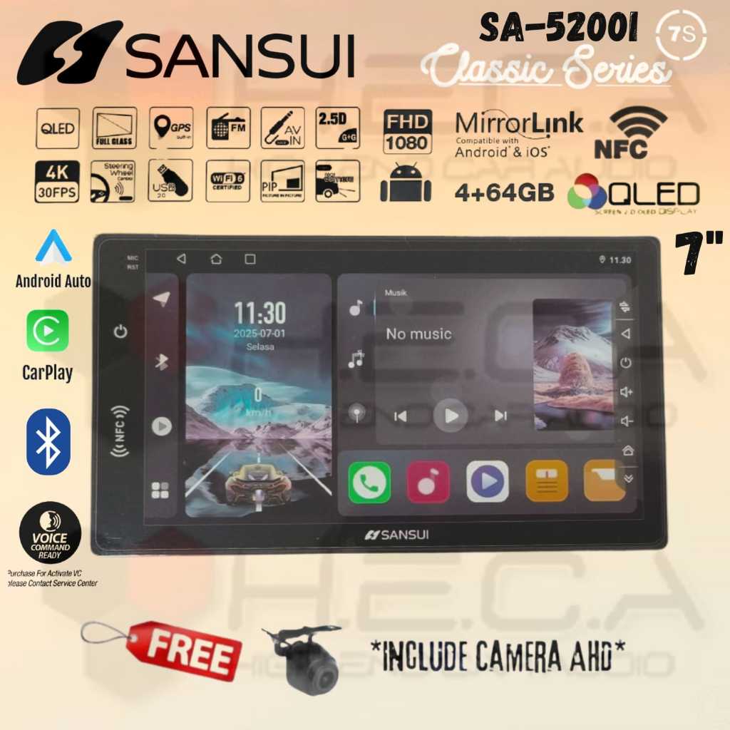 SANSUI Classic Series 7” inch NFC 4/64 GB Android Head Unit Double Din Tape Mobil + Rear Camera AHD