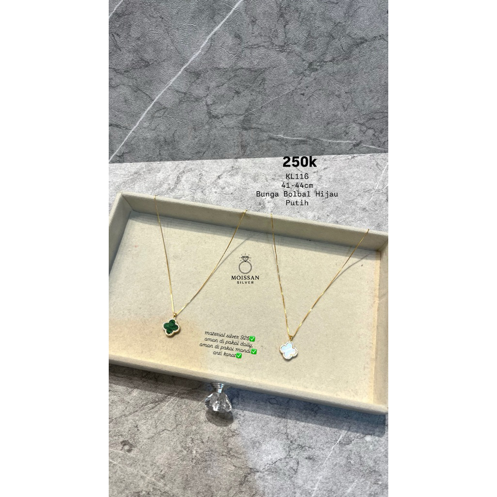 KL116 |Kalung Italy Gold Bunga Bolbal Hijau Putih Perak s925 Silver s925
