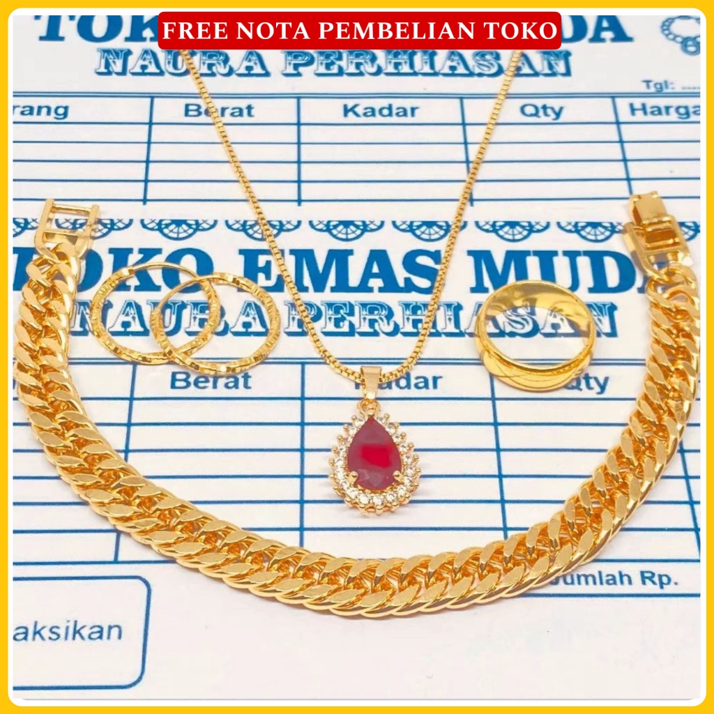 Set Perhiasan Wanita Premium Lapisan Emas Muda Perhiasan Wanita Kalung Liontin Gelang Anting Cincin