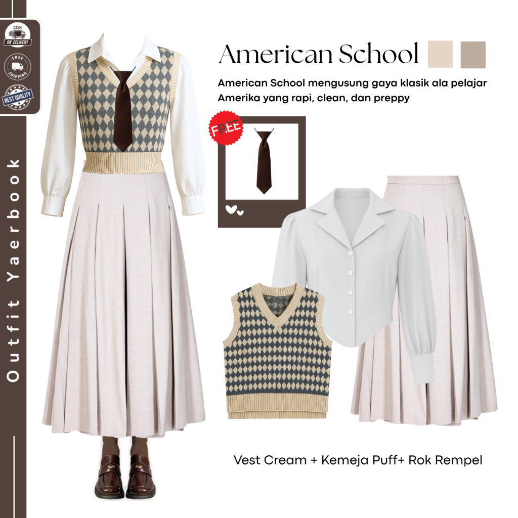 One Set Outfit Yearbook Vintage (Vest Cream + Kemeja + Rok Rempel) Outfit 1 Set Yearbook - FO40