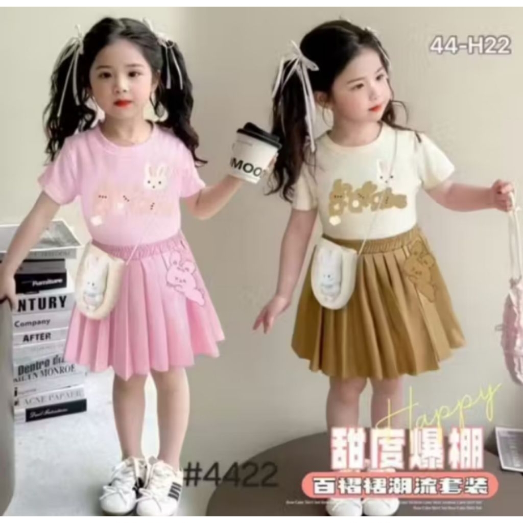 Setelan Rok Plisket HONE BABY Motif Kelinci Timbul Anak Perempuan Import Premium + TAS selempang 1-5