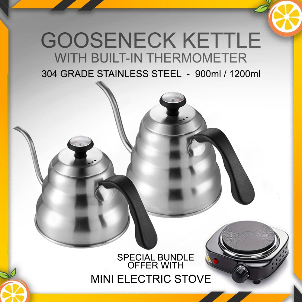 Gooseneck Kettle with Thermometer, 304 grade stainless steel, Bundle with Mini Electric Stove 500W /
