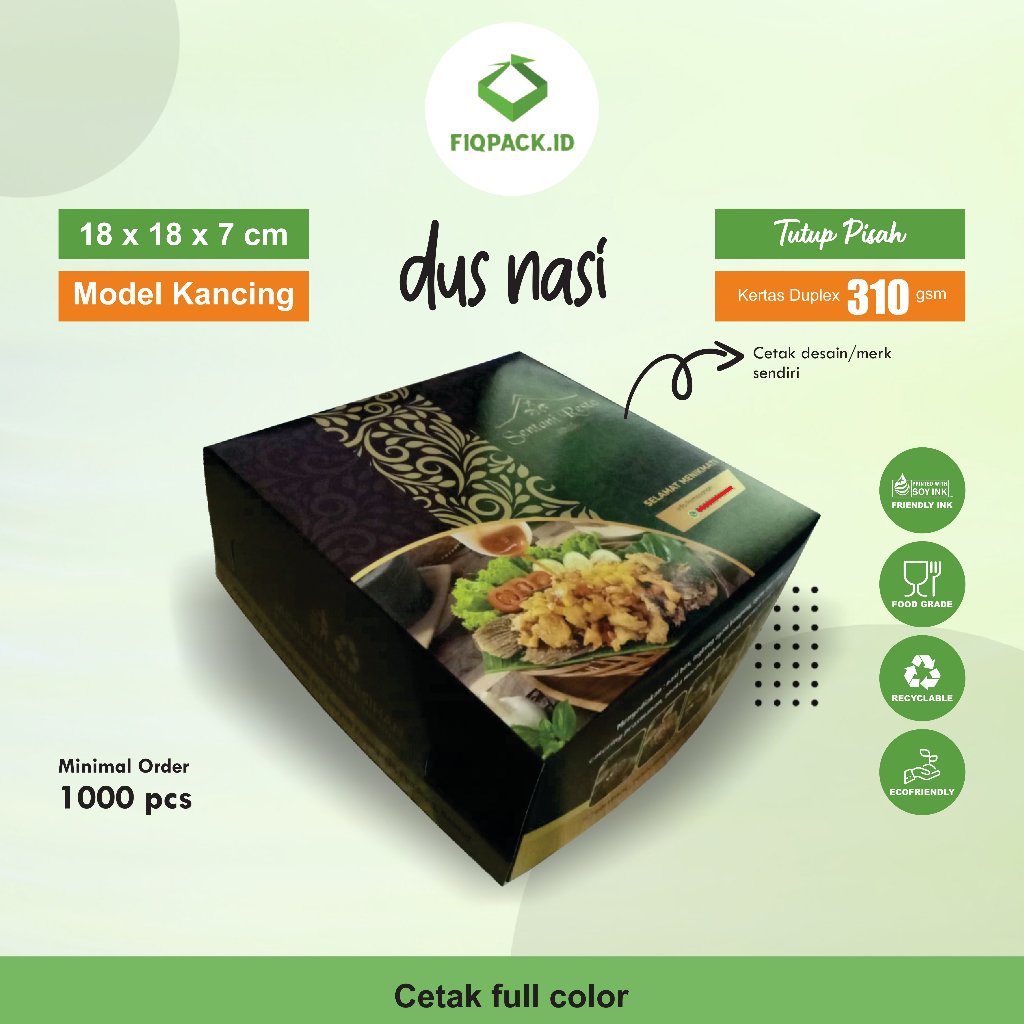 Cetak Custom Dus / Kotak Nasi Ukuran 18 x 18 x 7 cm (tutup pisah) Full Color