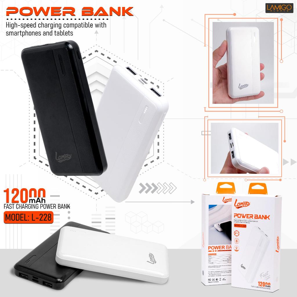 LAMIGO Powerbank L-228 12000mAh Fast Charging Dual USB | Powerbank Aman & Tahan Lama Real Capacity