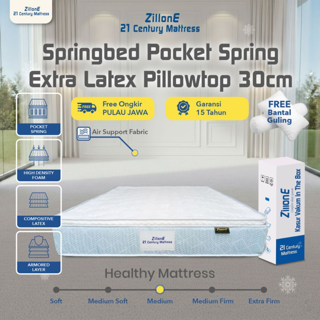 Zillone Springbed Orthopedic Pocket Spring Hybrid Natural Latex Pillowtop 30cm | Premium Springbed K