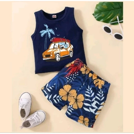 Set Baju Dan Celana Anak Motif Pantai Beach Kaos Tanpa Lengan Bayi Laki Laki