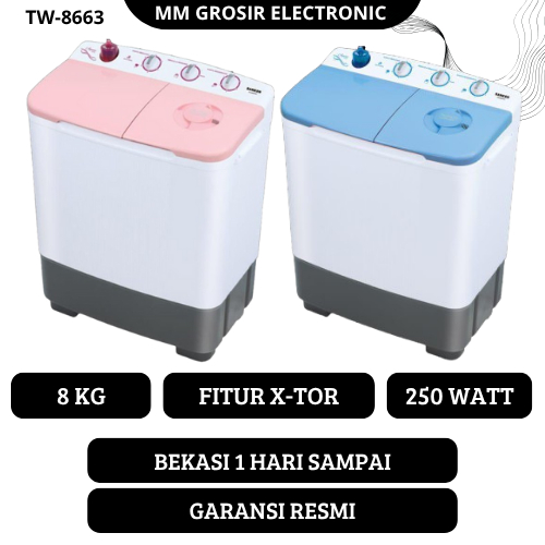 SANKEN MESIN CUCI 2 TABUNG 8 KG TW 8663 TW-8663 TW8663 LOW WATT GARANSI RESMI BEKASI MURAH