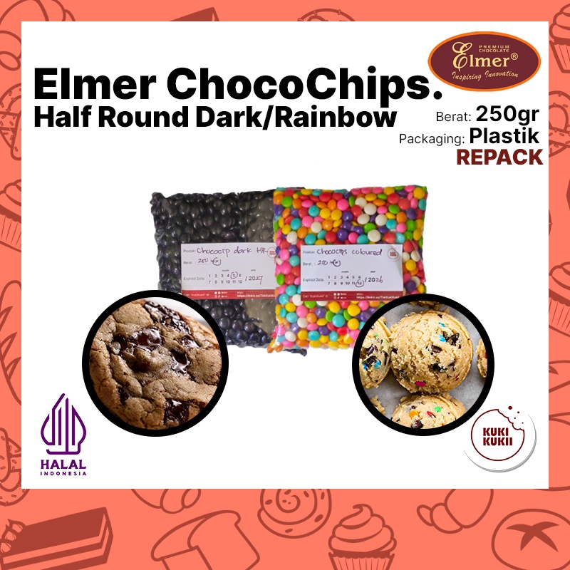 ELMER Choco Chips HALF ROUND Dark & Rainbow Bakestable 250gr Repack