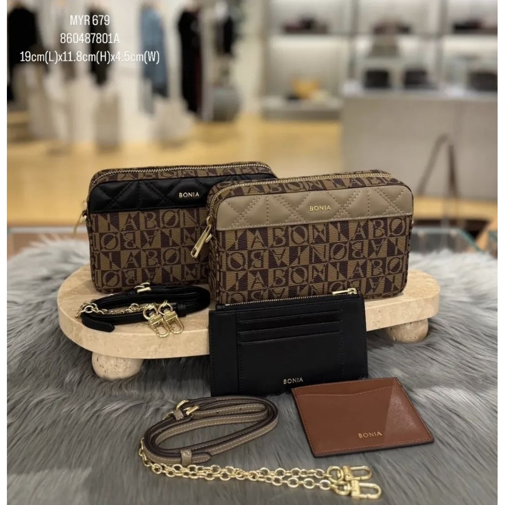 READY STOCK tas bonia original sling bag rantai monogram free card holder