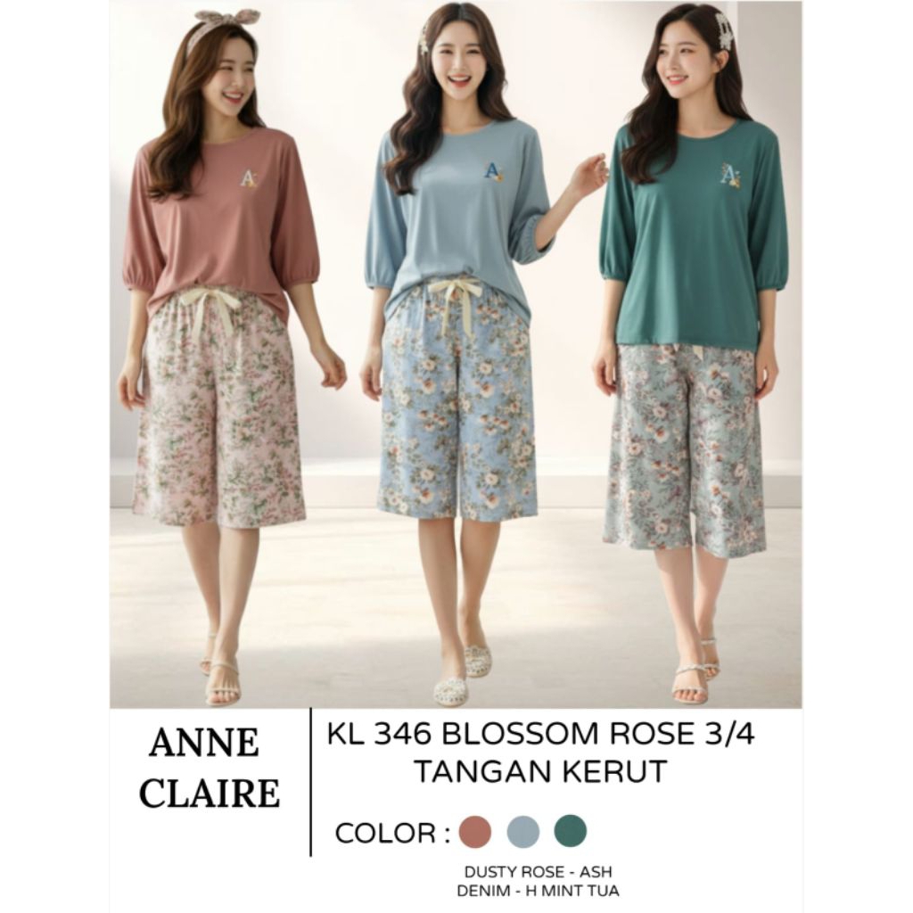ANNE CLAIRE - Setelan U - Neck Tangan Kerut Blossom Rose / Setelan Celana Kulot 3/4