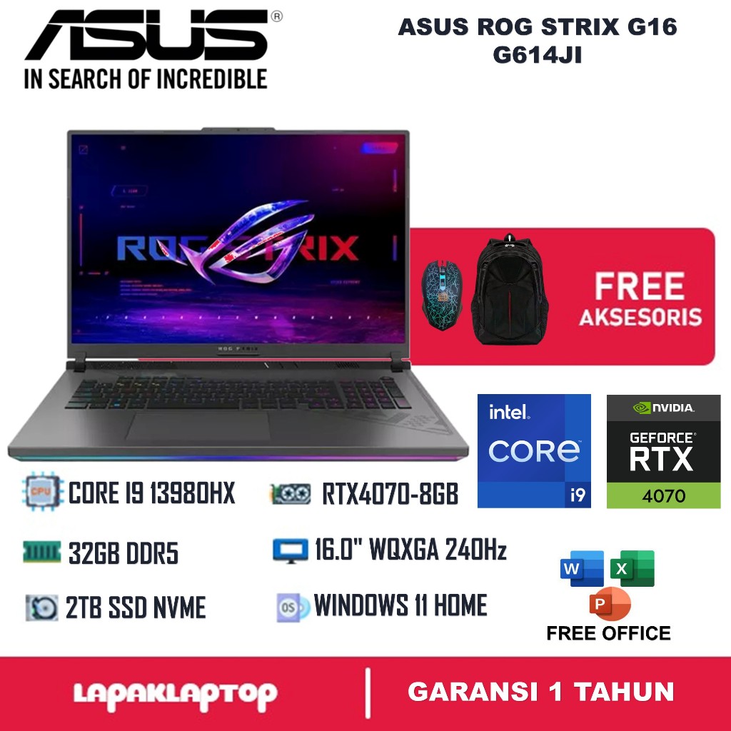 Laptop Gaming Asus ROG Strix G16 Intel Core I9 13980HX RAM 32GB 2TB SSD RTX4070 240HZ Windows 11