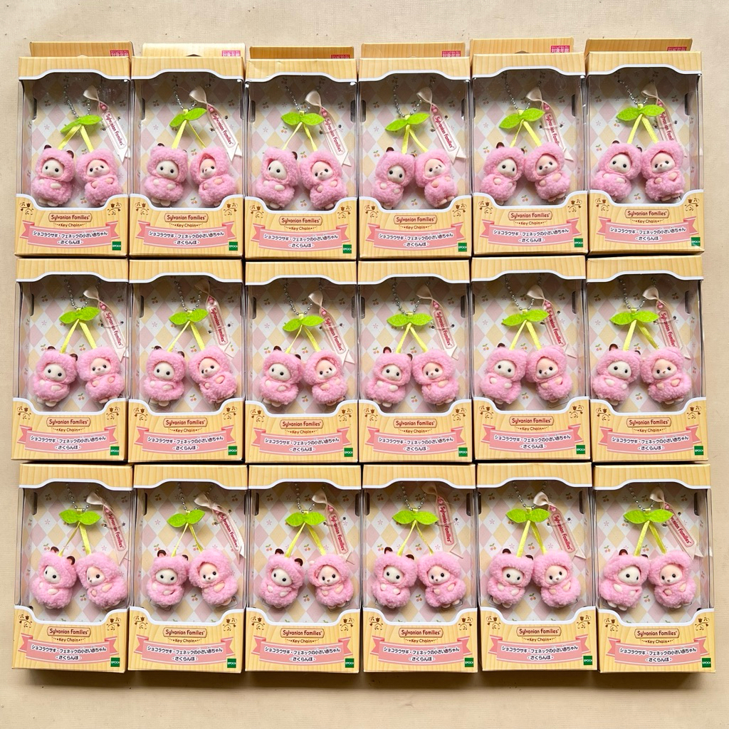 (ORI READY NEW) Sylvanian Cherry Keychain Twin Chocolate Rabbit / Fennec Fox Baby Jilbab Pashmina An