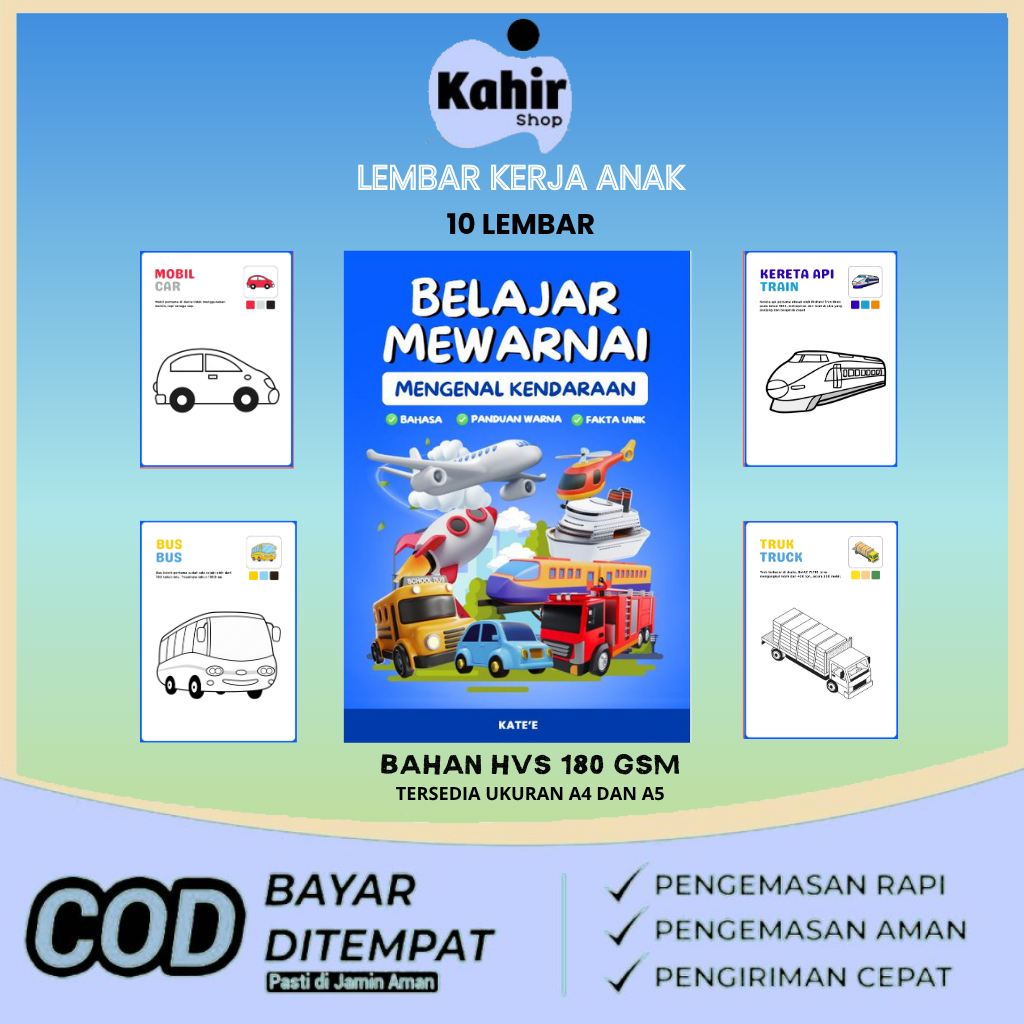 Paket Mewarnai Anak 10 Lembar HVS 180 GSM Lembar Kertas A4 dan A5 Belajar Mewarnai Mengenal Kendaraa