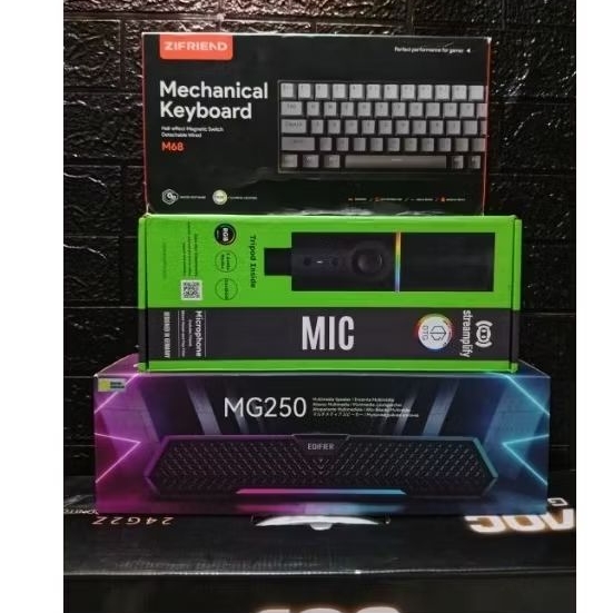 Sepaket Soundbar Edifier, Mic Streamplify, & Keyboard Zifriend M68