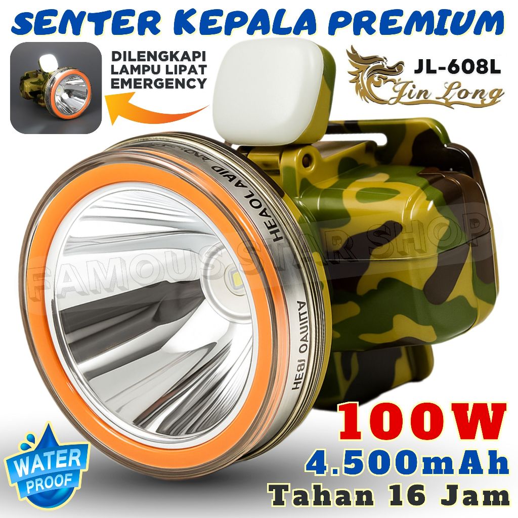 Senter Kepala Premium JINLONG 100W | 4.500mAh Cahaya Putih Tahan 16 Jam | JL-608L | FMS