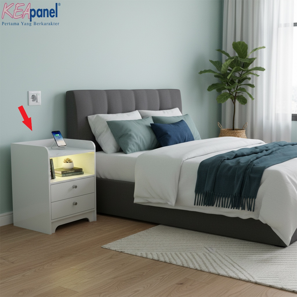 Kea Panel - Meja Nakas Putih Modern Minimalis 2 Laci Putih Glosy / Meja Kamar Tidur Dengan Lampu Tid
