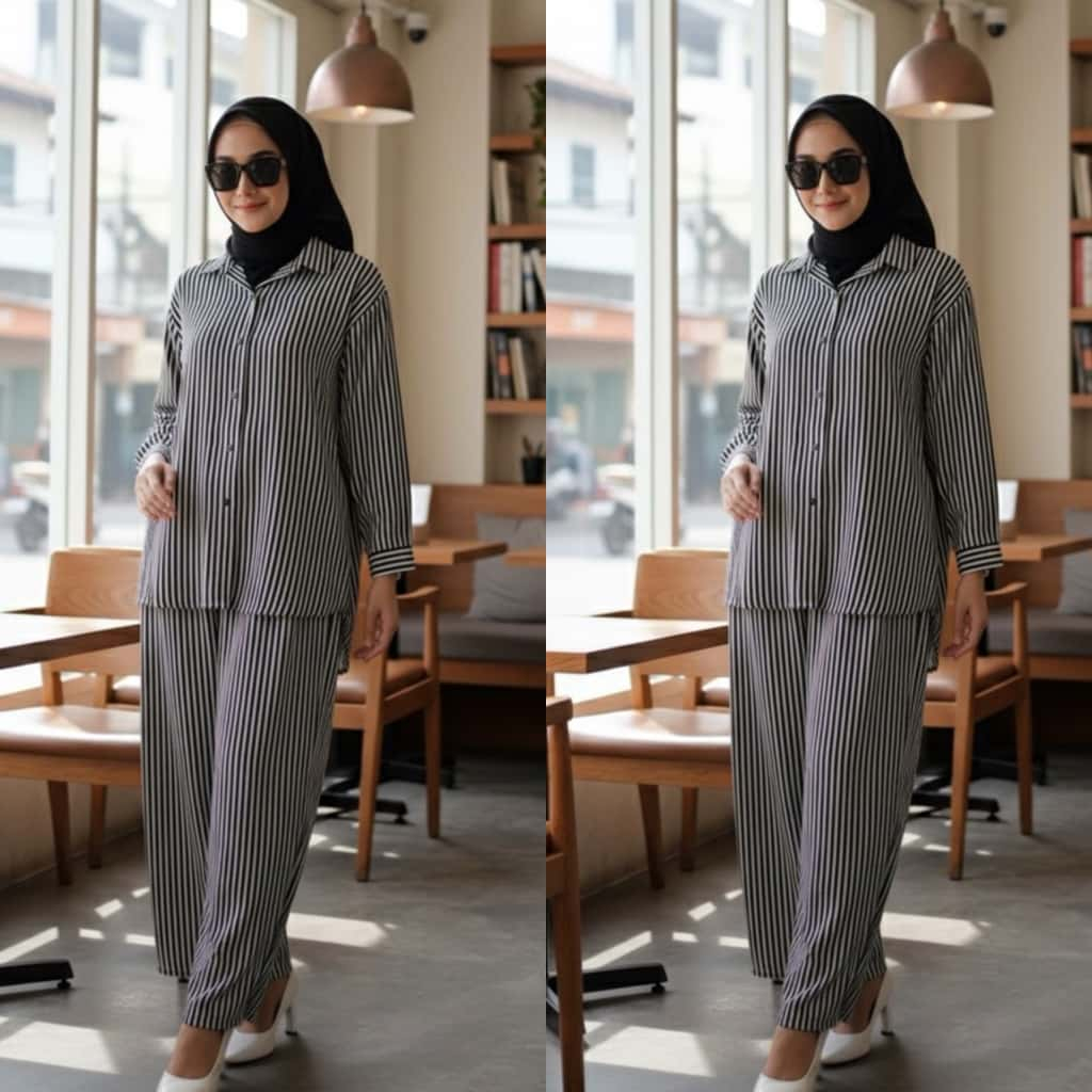 Setelan Wanita Kekinian One Set Zara Set Salur Wanita One Set Stripe Wanita Korean style Setelan Kat