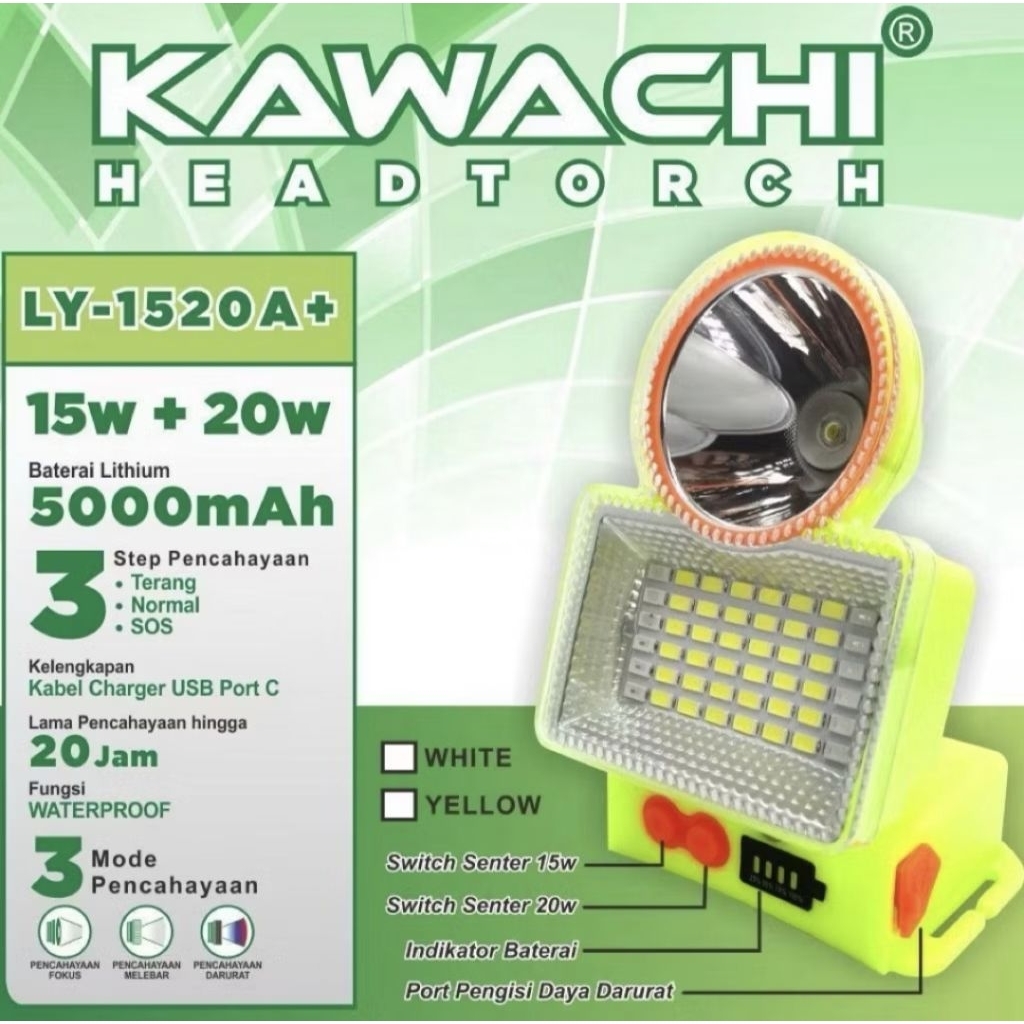 Kawachi Senter Kepala Waterproof 15WATT + 20WATT 5.000mAH Kabel Charger USB Port C LY-1520A+
