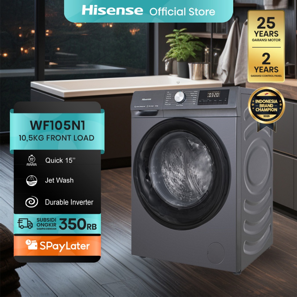 Hisense Mesin Cuci WF105N1 Front Loading Kapasitas 10.5KG 1 Tabung Bukaan Depan Active Water Plus AI