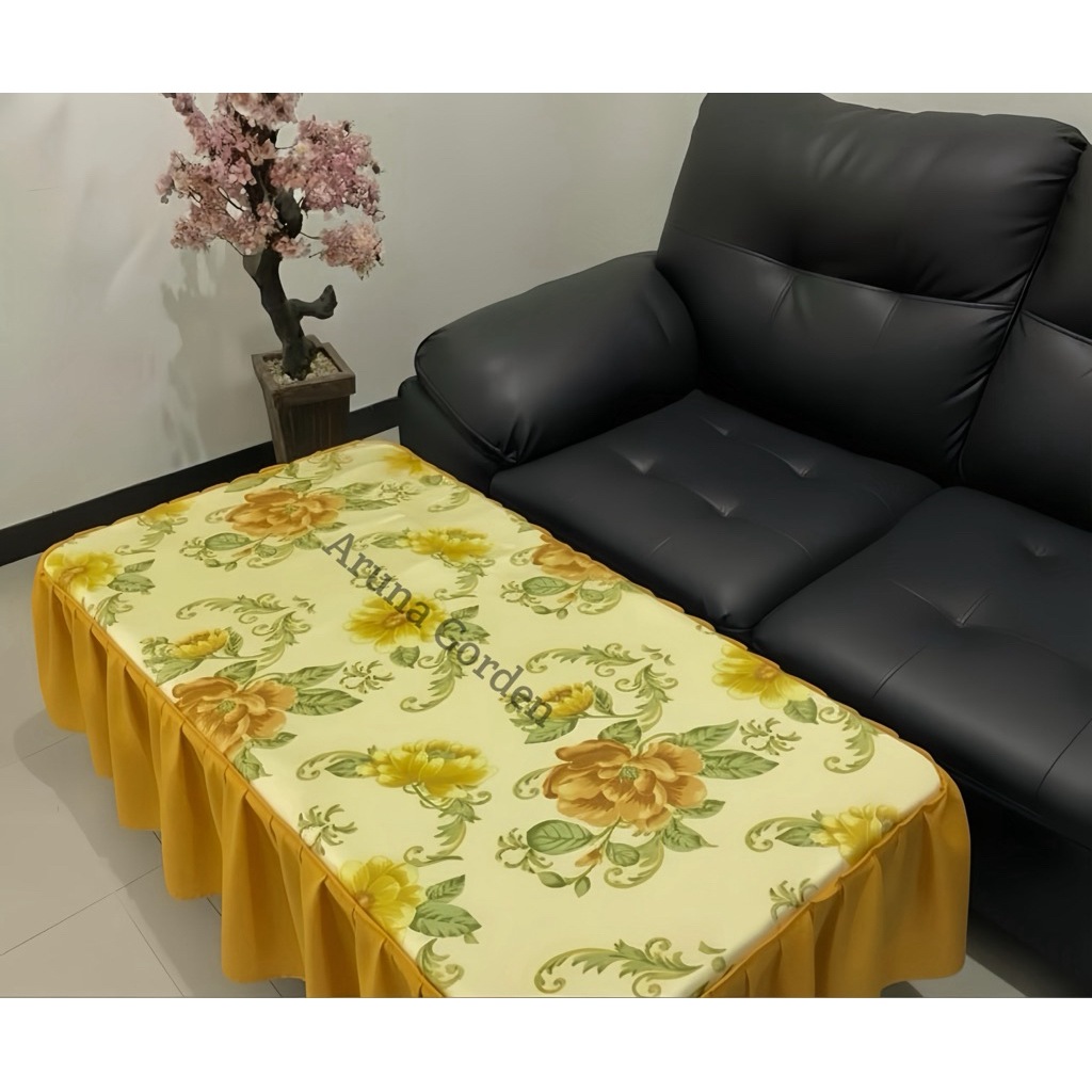 Taplak Meja Floral Gold Elegan Rumbai Satin - Cover Meja Ruang Tamu Mewah