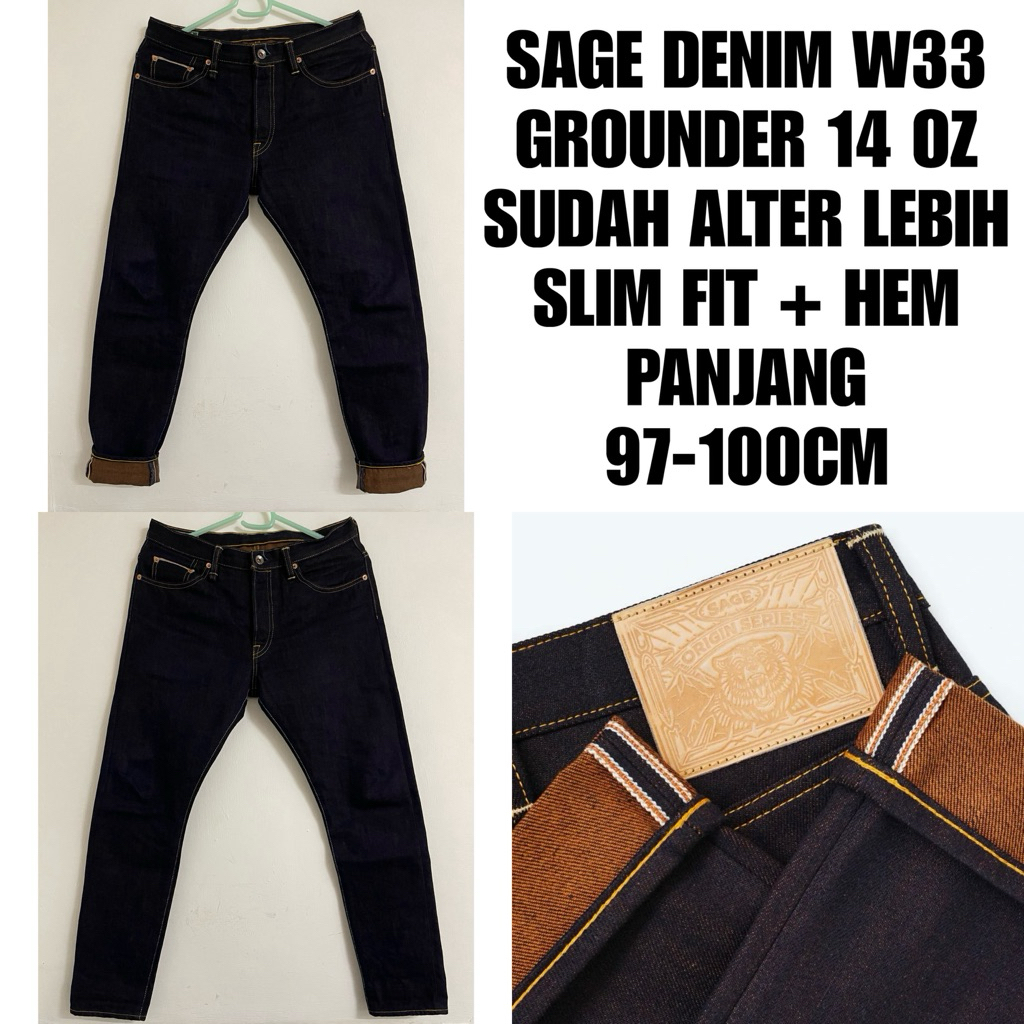 W33 Alter Slim - SAGE GROUNDER 14 Oz Indigo x Brown Denim | Washed 3X Celana Sudah Hem & Alter