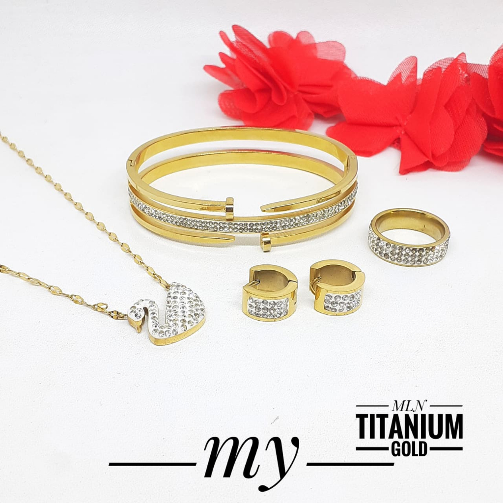 Set Perhiasan titanium Gold gelang kalung anting cincin berkualitas dan mewah