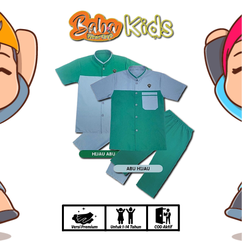 BABAKIDS SETELAN BAJU KOKO ANAK LAKI LAKI 1-14 TAHUN WARNA HIJAU ABU BAHAN PREMIUM