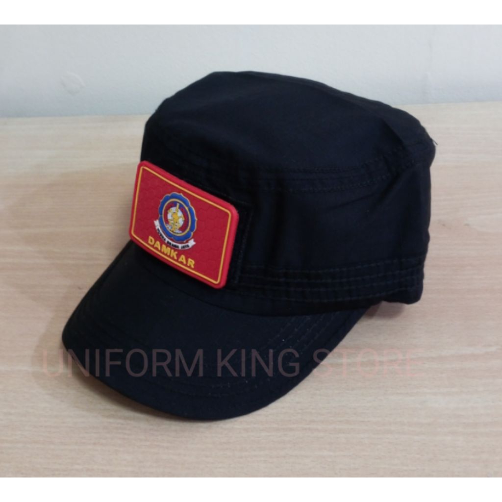 TOPI KOMANDO DAMKAR HITAM 2 PATCH RUBBER - TOPI KOMANDO DAMKAR PATCH RUBBER TEMPELAN LEPAS PASANG. -