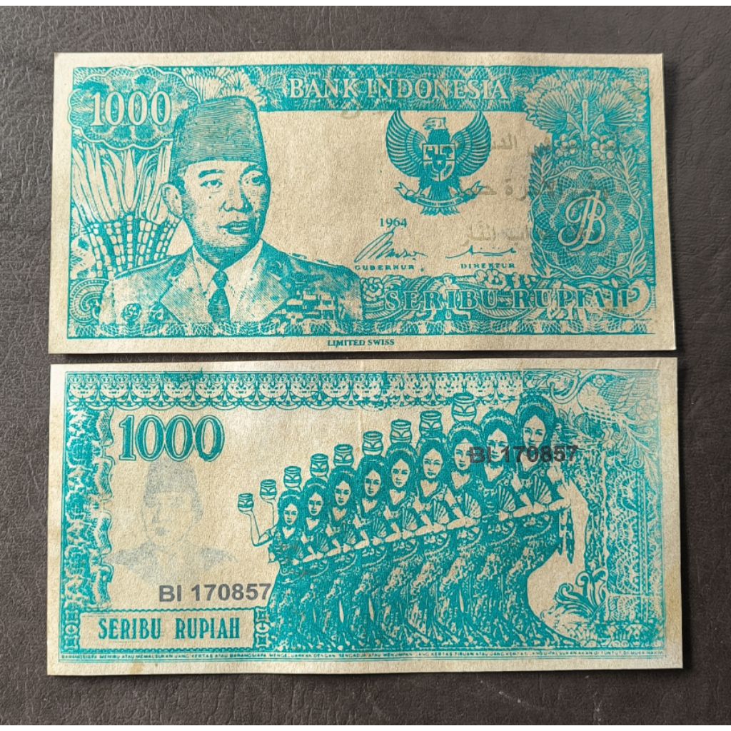 uang souvenir 1.000 Sukarno melengkung 1964 warna hijau gambar penari serimpi 9 miring nyala UV doa 