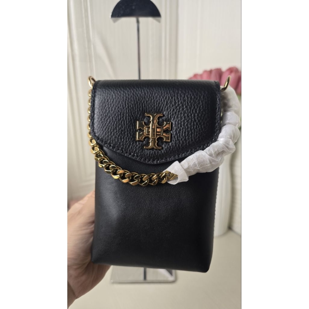 TB TE BE KIRA Chevron MIXED- MATERIALS PHONE CROSS-BODY Bag BLACK Genuine Leather