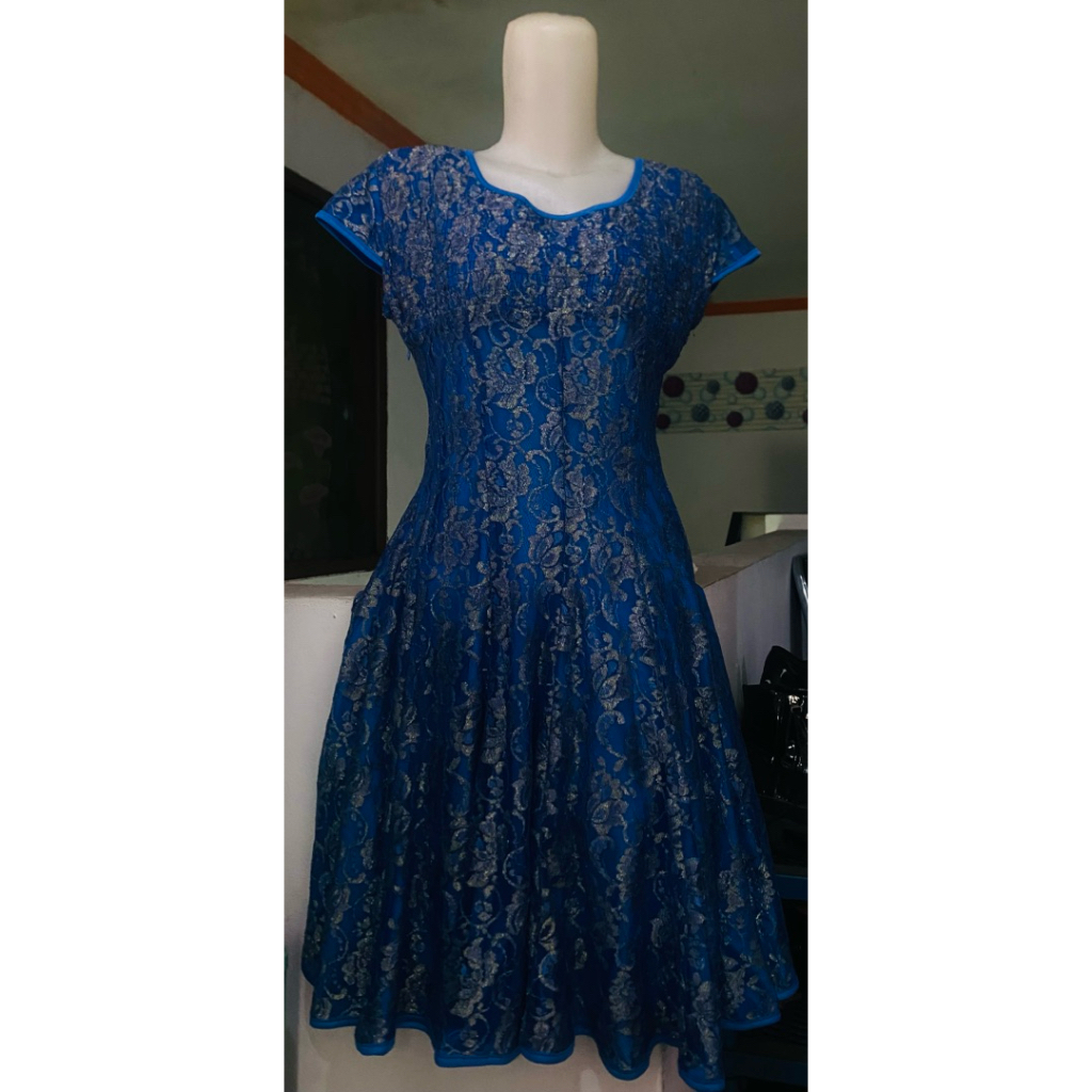 Dress Pesta Brukat Biru Korean Style Wanita