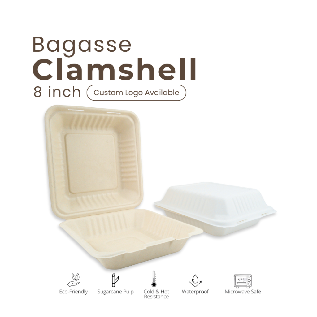 (ECO) Bagasse Clamshell 8 Inch / Lunch Box /  Packaging makanan Serat Tebu / 10 Pcs / B021,B021-B