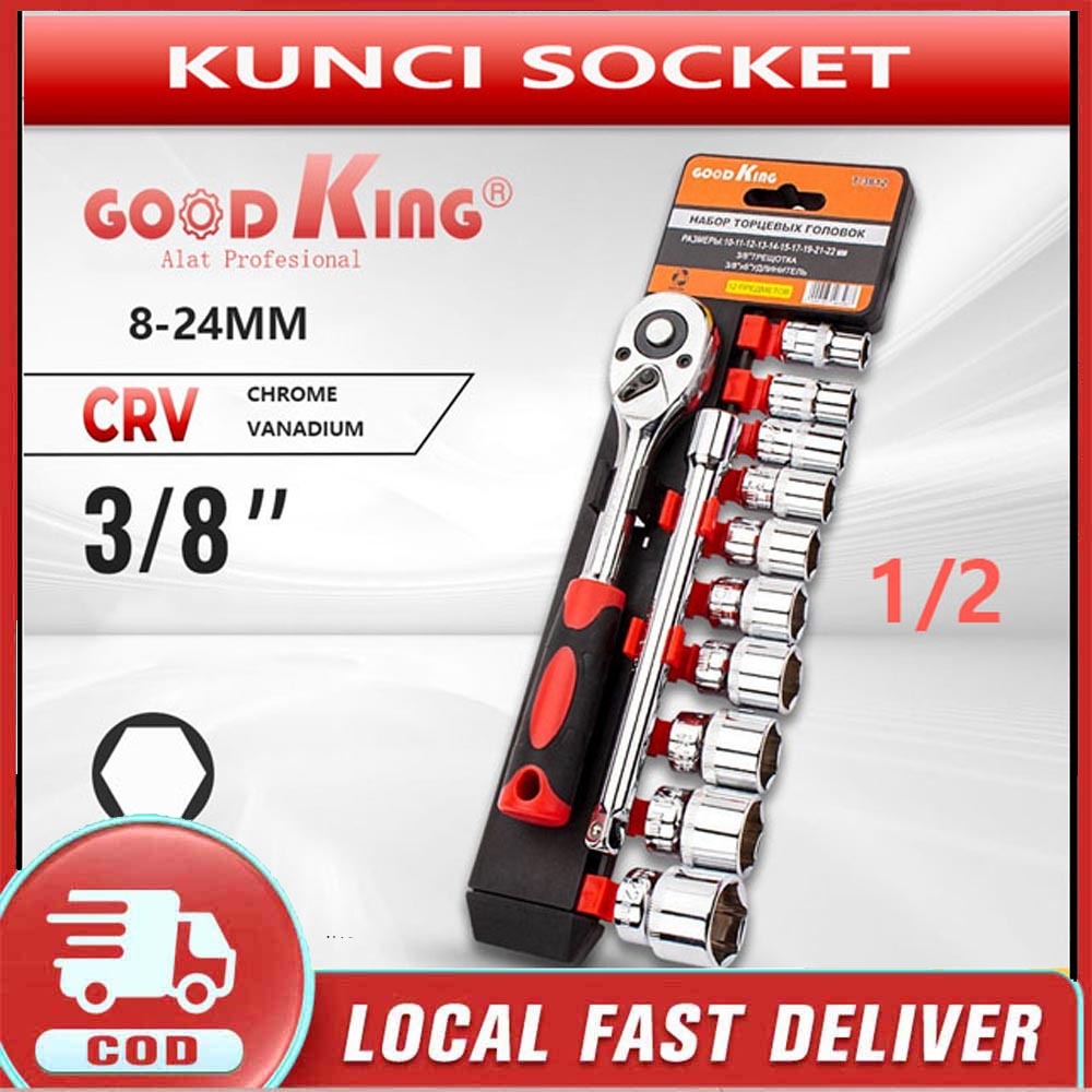 COD-Kunci Set 1/2inci Socket Sok 12pcs SOCKET WRENCH SET CR-V Socket 8-24mm Kunci Set Socket