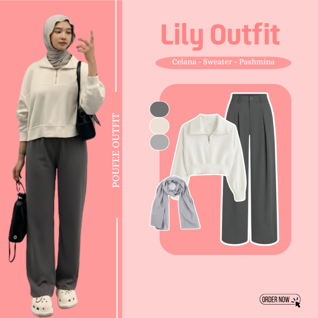 Setelan 3 in 1 Lily (Celana - Sweater - Pashmina) OneSet Korean Style | Fashion Wanita Kekinian