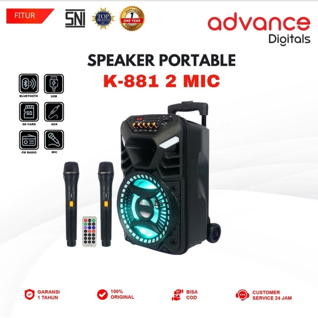 Speaker Portable Advance K881 8inch Free 2 Mic/Speaker Bluetooth Advance K881 ORI
