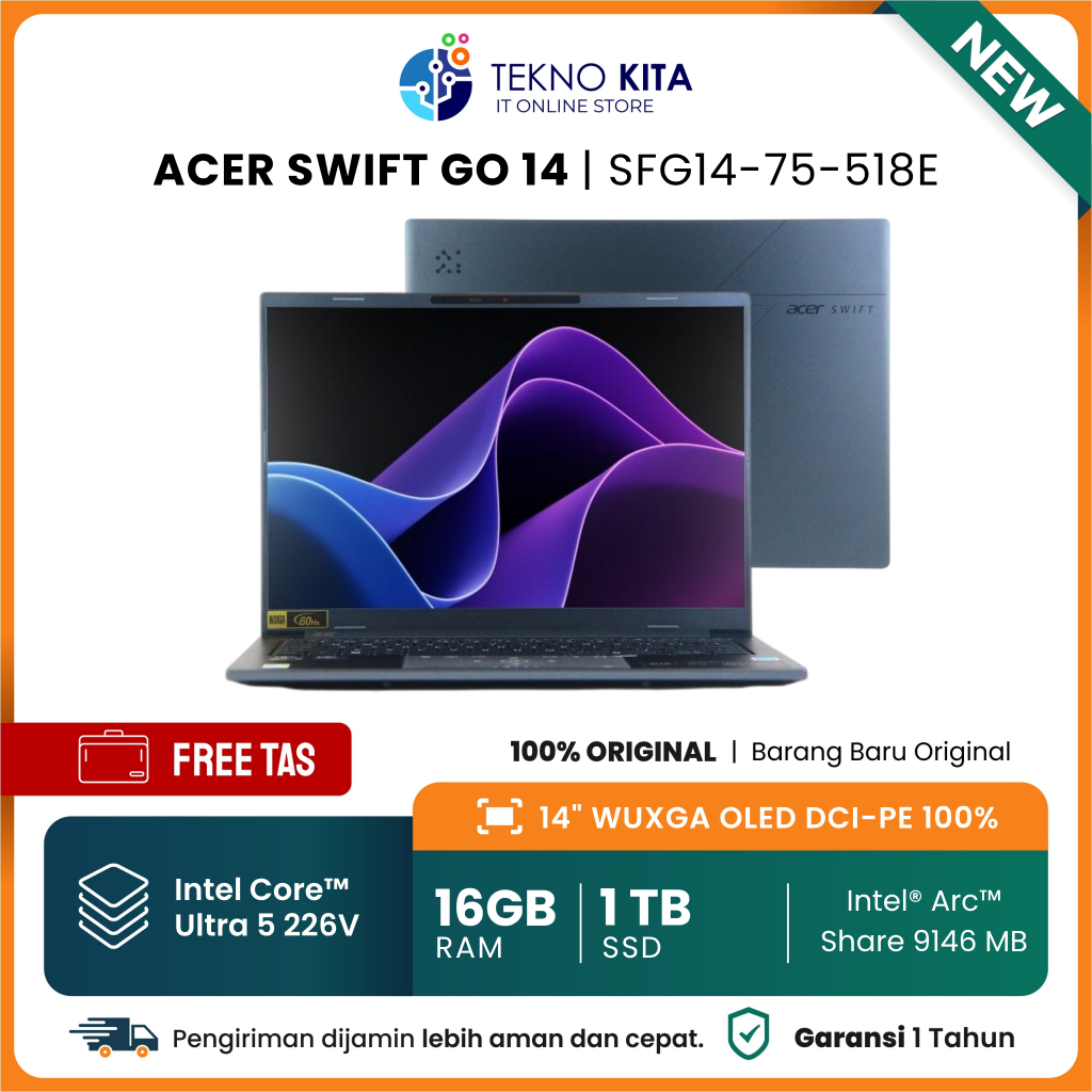 Laptop Acer Swift Terbaru - Intel Core Ultra 5 226V - 16GB - 1TB SSD - Intel Arc - 14" WUXGA OLED - 