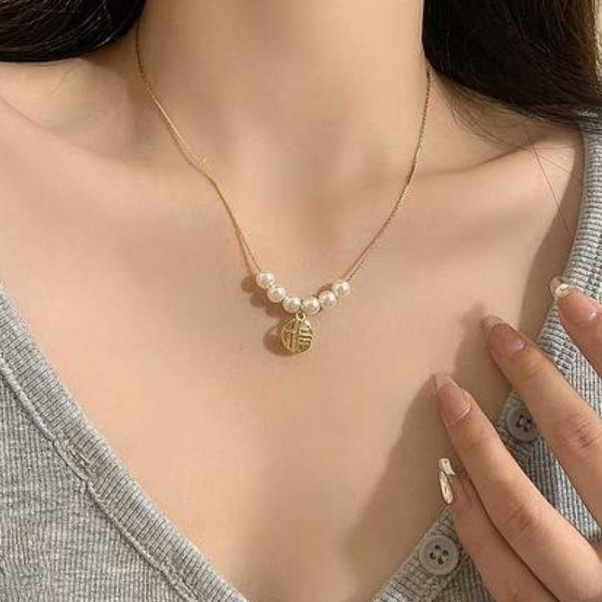 K27 - Kalung Mutiara Hoki Huruf Mandarin Cantik / Perhiasan Pesta Anti Karat / Aksesoris Cantik Untu