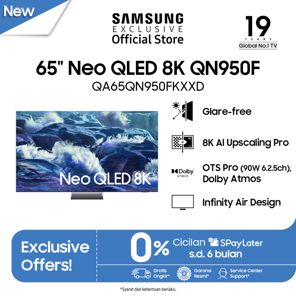 Samsung Smart TV 65" Neo QLED 8K QN950 | Infinity Air Design | 8K AI Upscaling | QA65QN950FKXXD