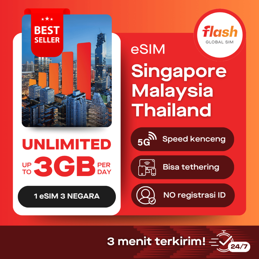 Flash eSIM Singapore, Malaysia & Thailand Unlimited Data (3-15 Hari)