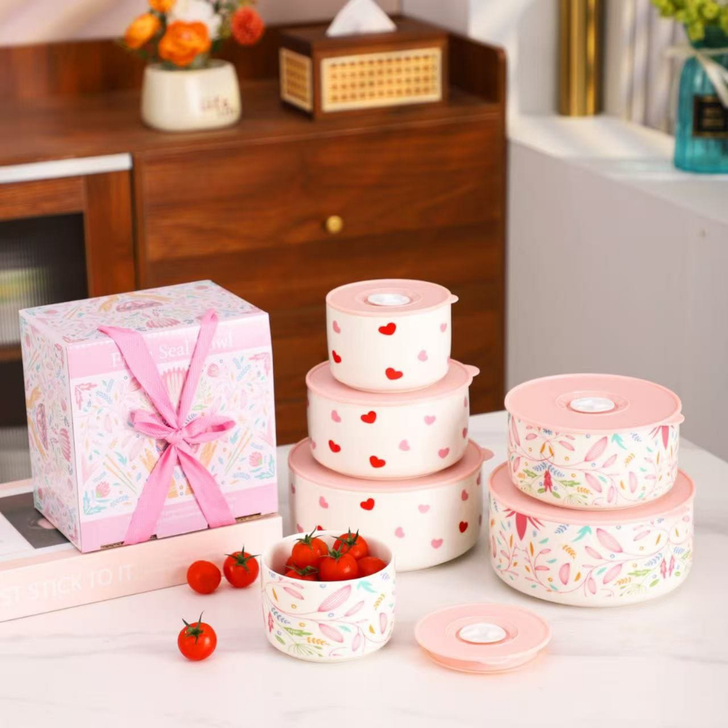 Aveline Mangkok Saji Set Ceramic Tableware Isi 3 Dengan Penutup Mangkok Lauk Box Penyimpanan Makanan