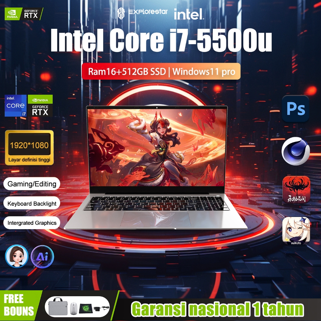 CNAST Laptop Baru 15.6'' Core i7-5500U  RAM 16GB+512GB SSD Game +work untuk Programming  Windows11