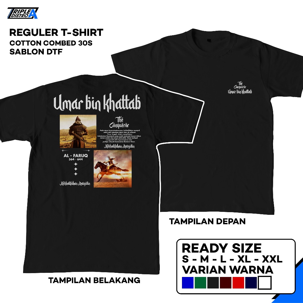 Kaos UMAR BIN KHATTAB THE CONQUEROR Katun Combed 30s Sablon DTF