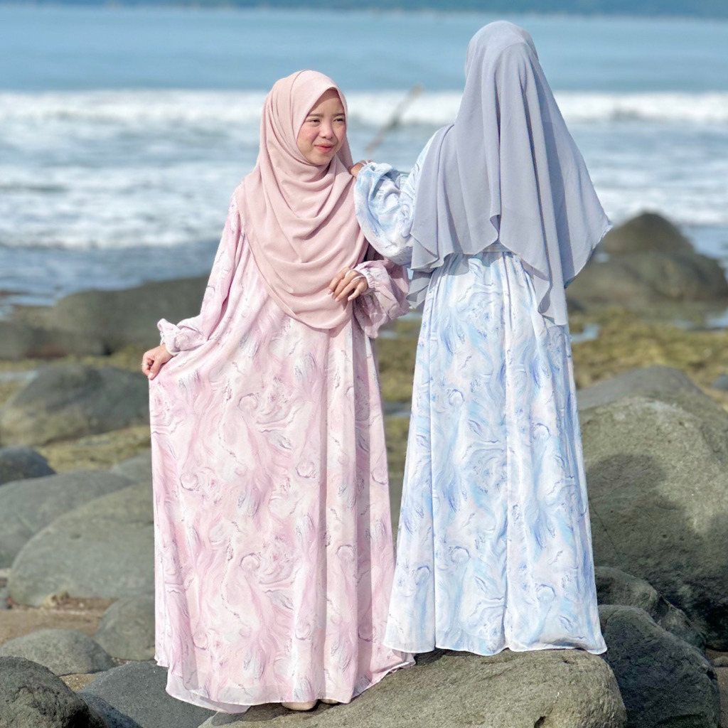 HijabByDara - Faya Dress Motif Marble Bahan Ceruty Full Furing Gamis Motif Muslim Wanita
