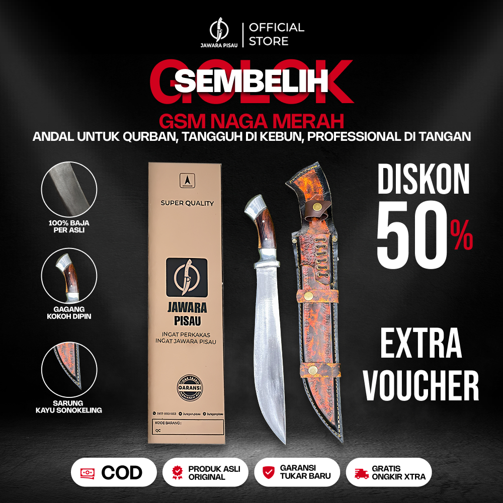 Jawara Pisau Golokk Baja Sembelih Multiguna Bahan Baja Sup9 Sarung Kulit Motif Naga Premium