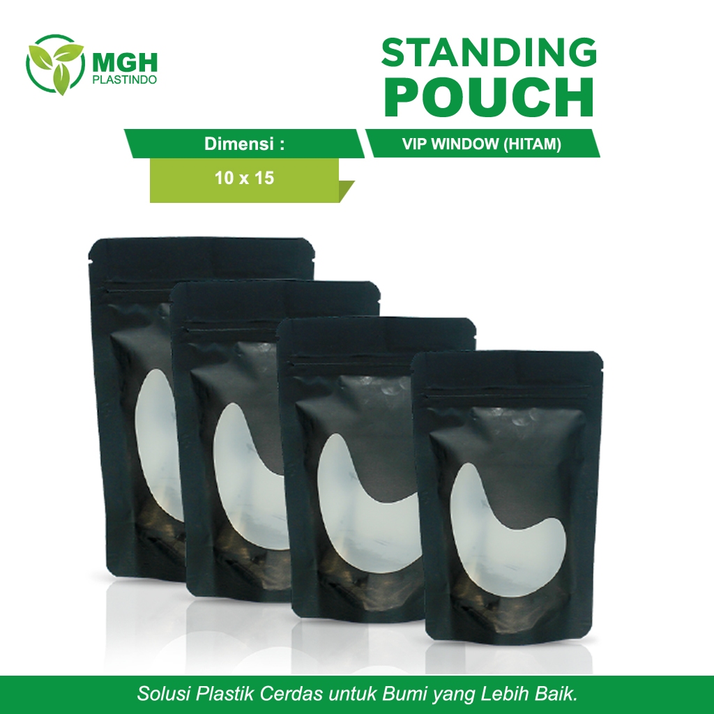 Standing Pouch 10x15 Ziplock Window Hitam Klip Anti Bocor Food Grade